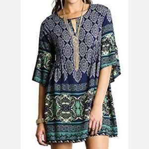 UMGEE + Boho Paisley Print Tunic Top Mini Dress W/Keyhole Neck; Size 1XL